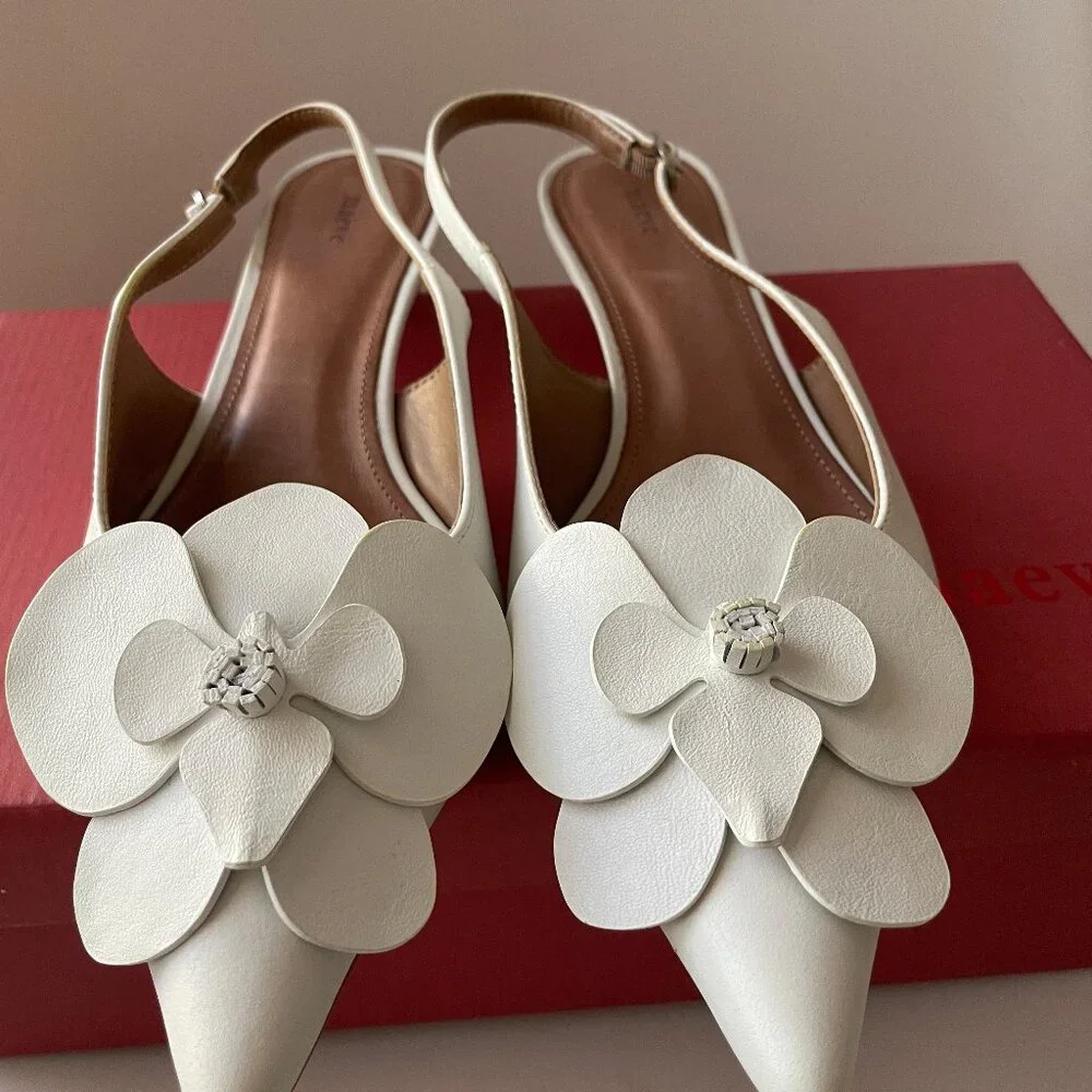 NIB Maeve Floral Slingback Heels Anthropologie Kitten Heel Sandals in White 37 - Picture 7 of 10